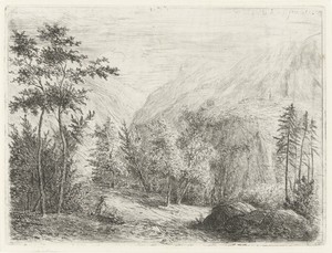 Berglandschap met rustende figuur langs weg