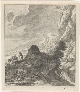 Berglandschap met wandelaar en ezel