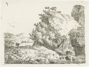 Berglandschap met waterval en wandelaar