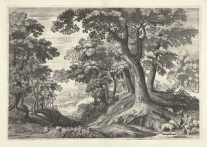 Berouw van de verloren zoon; hij eet uit de varkenstrog