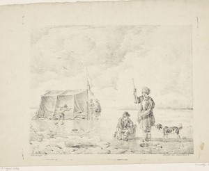 Bevroren rivier met vissers en tent