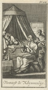 Biddende figuren aan het bed van een zieke