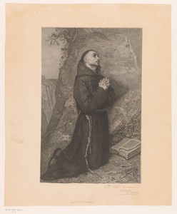 Biddende Franciscus van Assisi met een open bijbel en crucifix