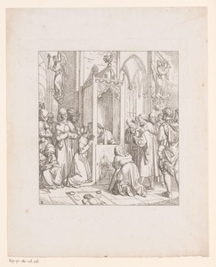 Biechtende en biddende mensen rond de biechtstoel