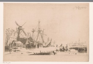Bij een molen langs een dichtgevroren kanaal in Nederland liggen boten aangemeerd naast een tent op het ijs