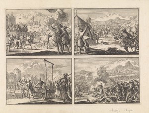Bijbelverbranding in Hongarije, ca. 1660 / Hazen in het kampement van het Russische leger in Litouwen, 1658 / Stenko Radzin wordt met zijn broer Troika op een kar Moskou binnengebracht, 1671 / Overwinning van de Portugezen op de Spanjaarden bij Villaviciosa, 1665
