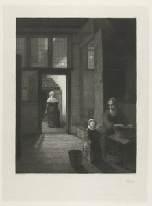 Binnenhuis met een kolf spelend meisje en haar moeder