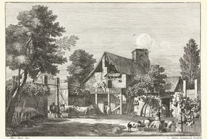 Binnenplaats van boerderij met boeren en vee