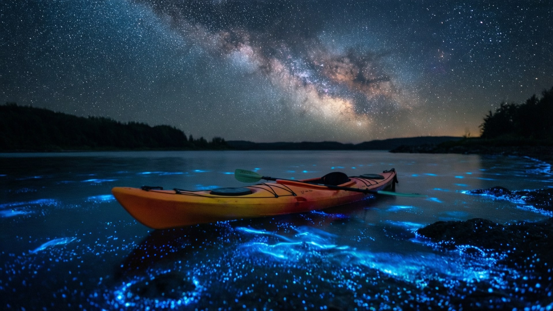 Bioluminescent Night Kayak by Wallpapers.art Studio