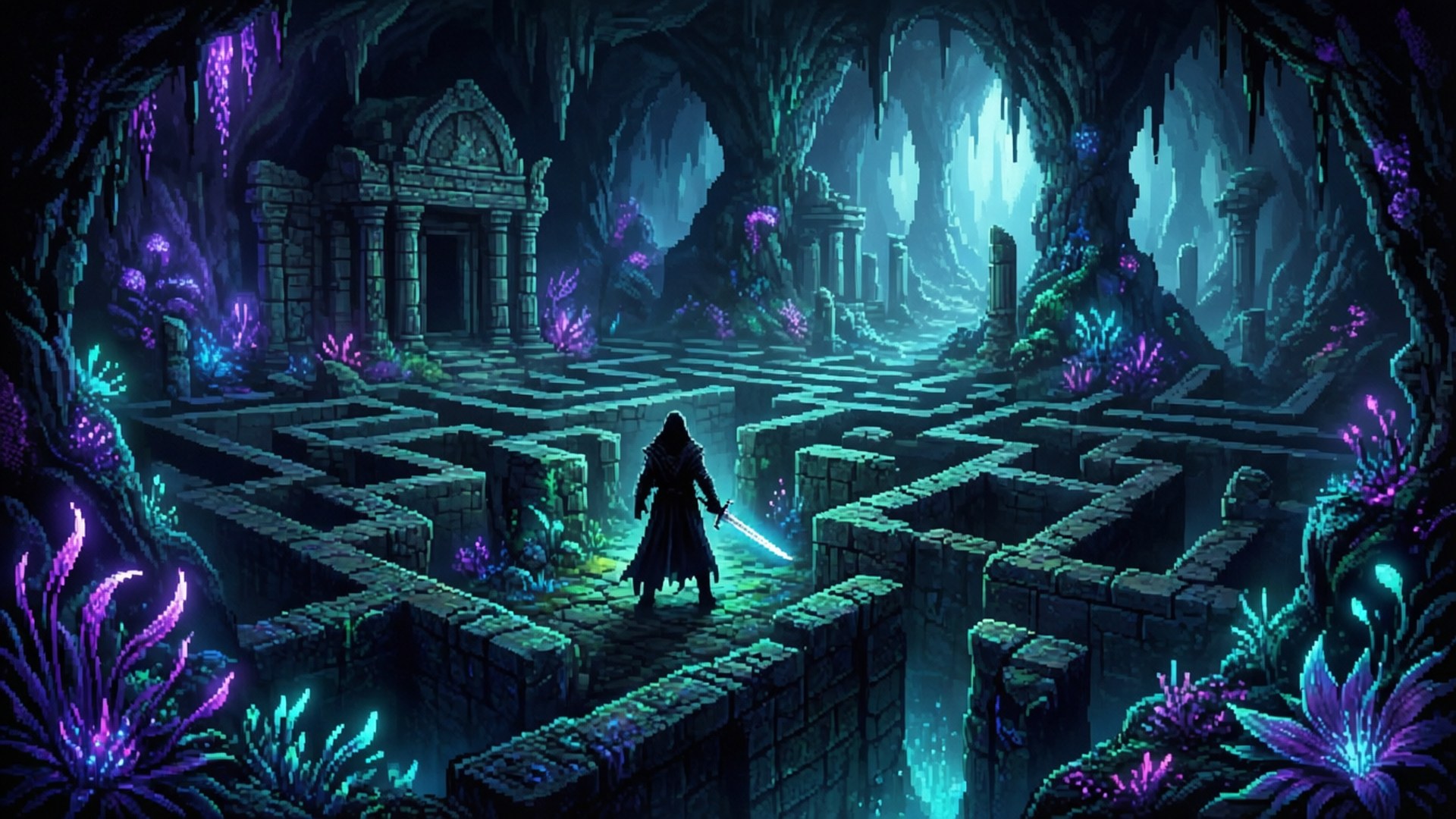 Bioluminescent Ruins Explorer by Wallpapers.art Studio