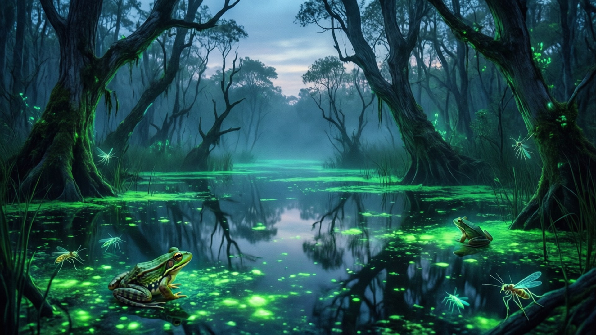 Bioluminescent Swamp Night by Wallpapers.art Studio