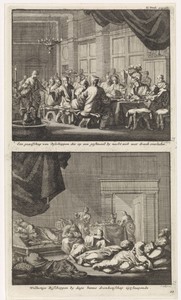 Bisschoppen aan tafel voor een drinkgelag en dronken bisschoppen, slapend in een kamer