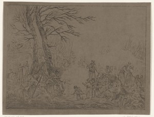 Bivak van Kozakken en burgers bij vuur tijdens Franse bezetting in 1813 te Amsterdam