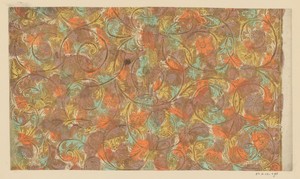 Blad met ranken met bloemen en vruchten met jachtscènes