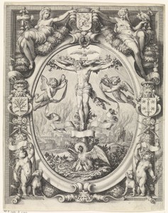 Blazoen van de rederijkerskamer De Pellicaen te Haarlem, met de kruisiging in allegorische omlijsting