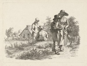 Blinde vrouw en converserende figuren bij een boerderij