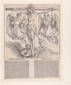 Bloed van Christus aan het kruis wordt opgevangen in bekers door drie engelen