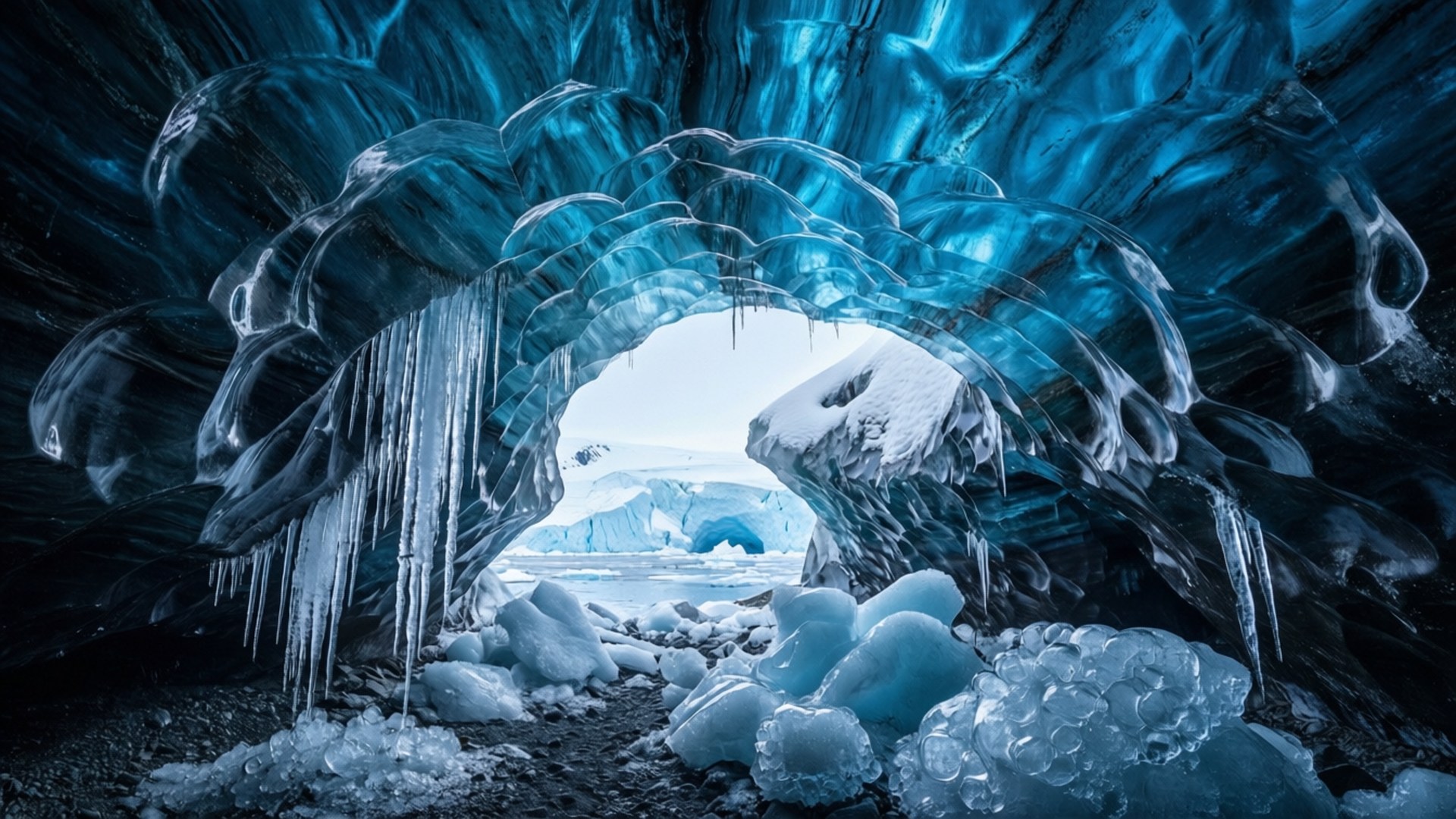 Blue Ice Crystal Cave by Wallpapers.art Studio