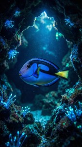 Blue Tang in Bioluminescent Cave