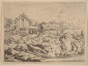 Boat at a River Bank with Three Goats