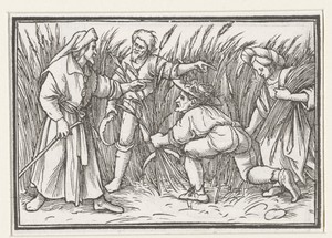 Boaz ontmoet Ruth bij de oogst van gerst