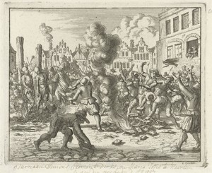 Boeken van de verbrande Jurriaan Simonsz. worden te Haarlem door het volk buit gemaakt, 1557