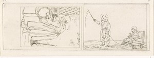 Boenende vrouw en kinderen spelend met rolkar