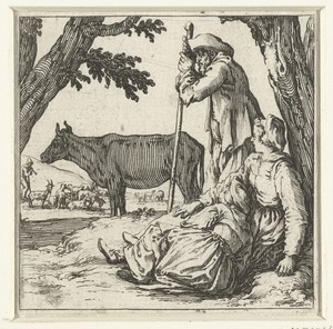 Boer, boerin en dochter met koe