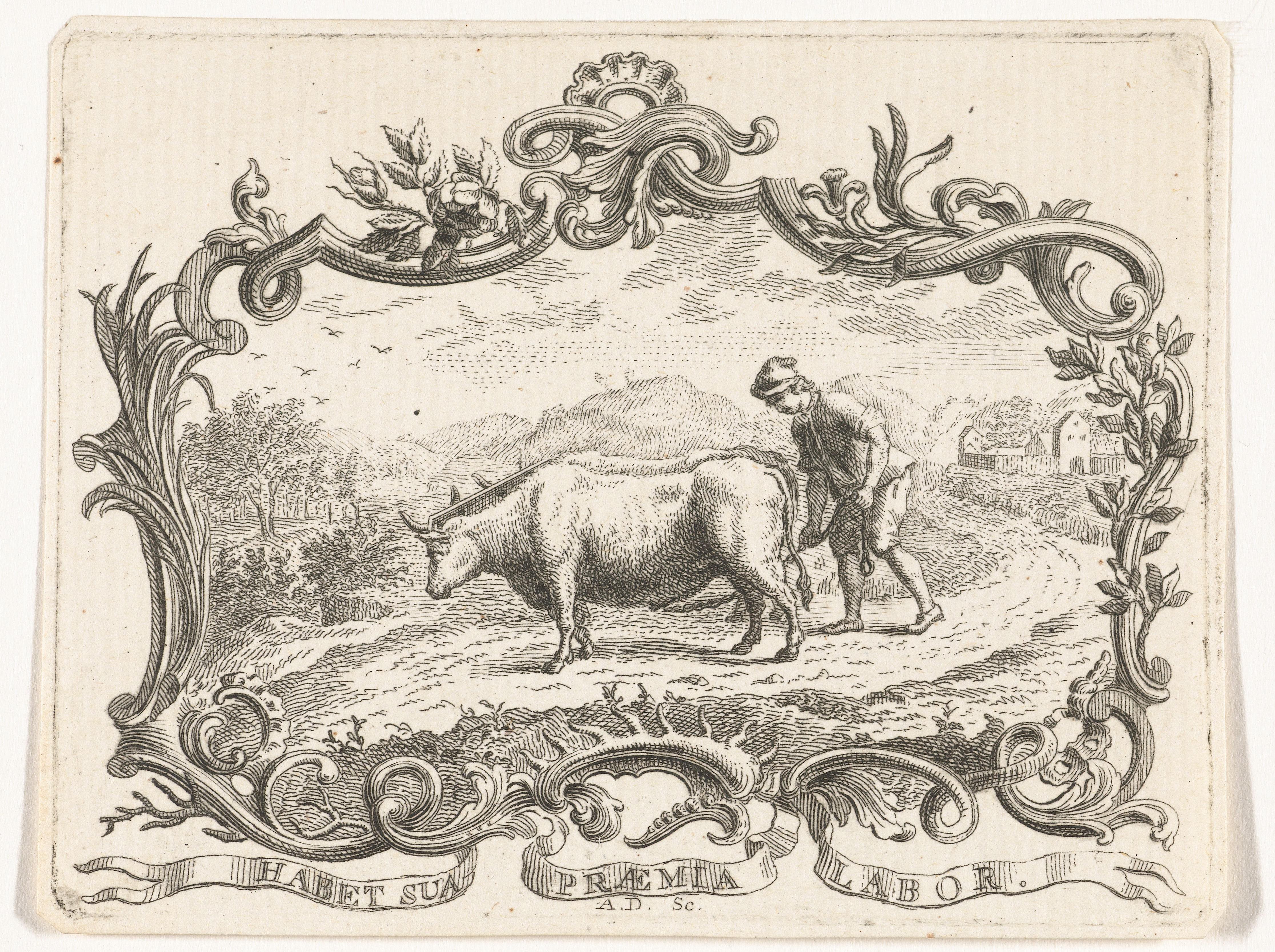 Boer die een akker ploegt met twee ossen, in cartouche by Abraham Delfos