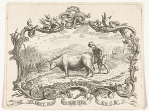 Boer die een akker ploegt met twee ossen, in cartouche