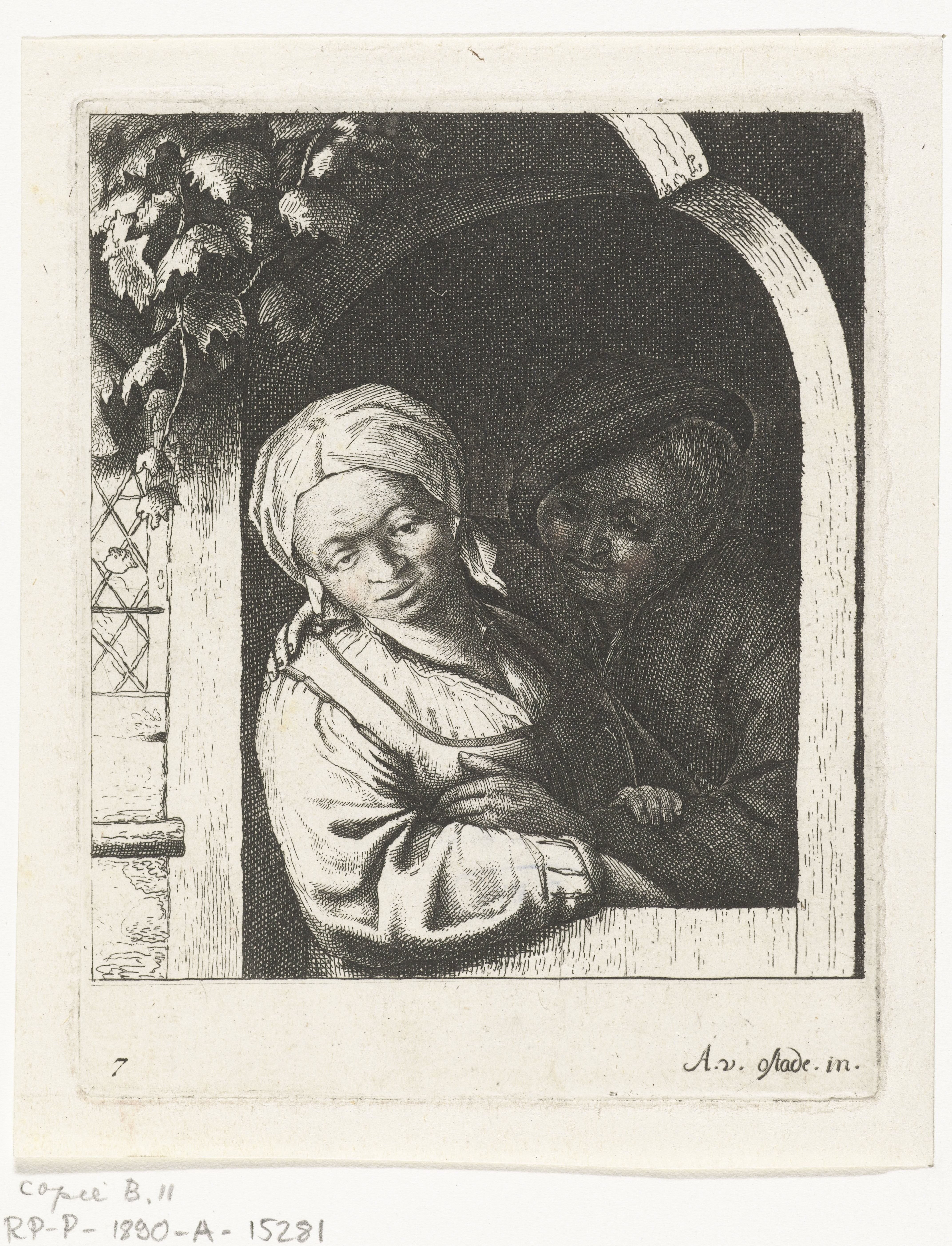 Boer en boerin als liefdespaar in deuropening by Abraham Bloteling