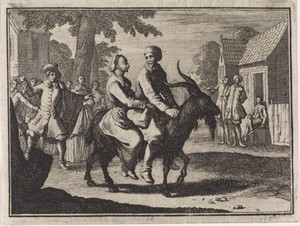 Boer en vrouw samen op de rug van een bok vervoerd