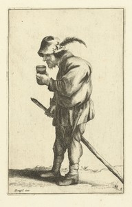 Boer met glas in de hand en stok