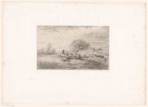 Boer met kudde varkens in een landschap