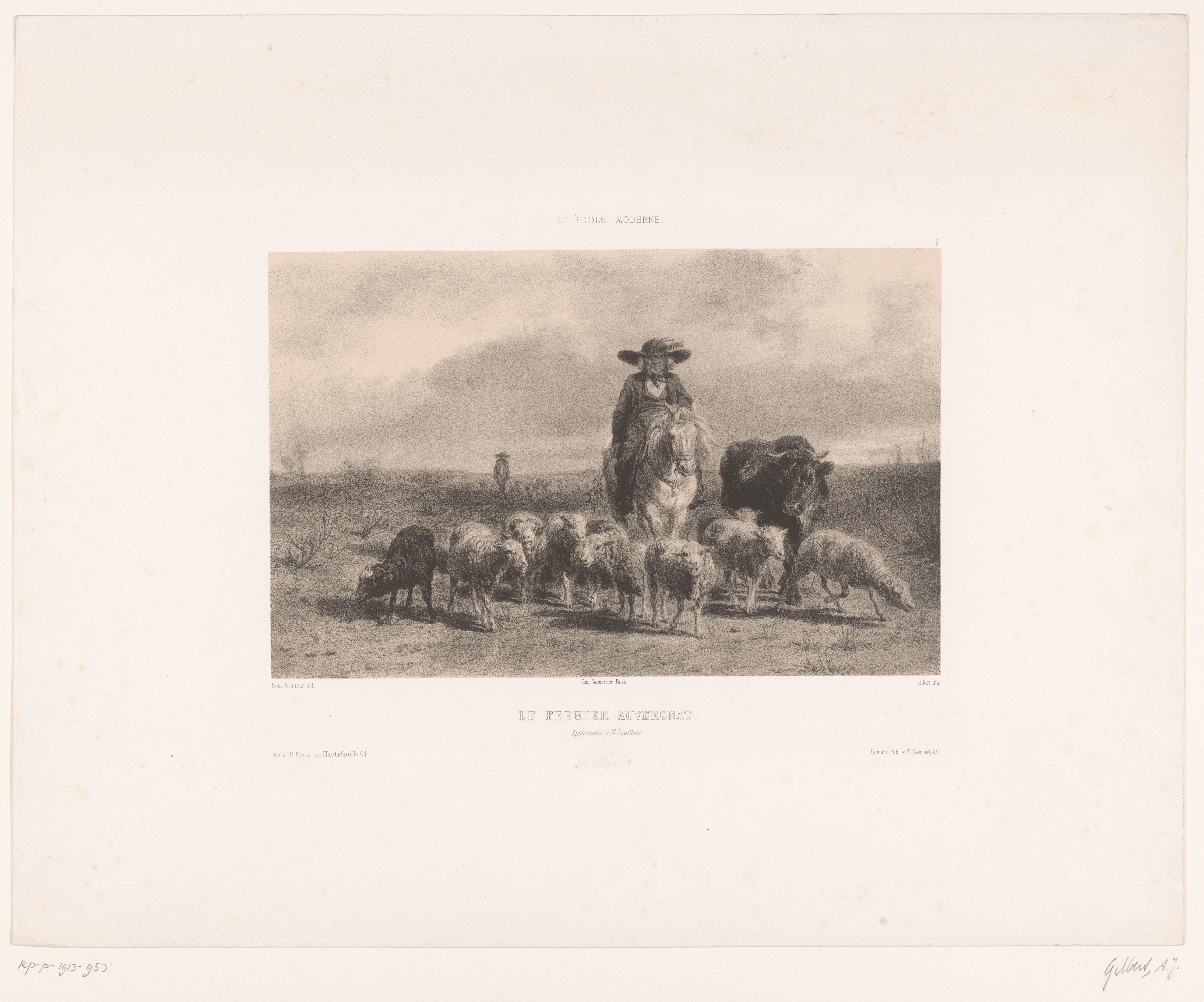 Boer met rund en schapen uit de Auvergne by Achille Isidore Gilbert