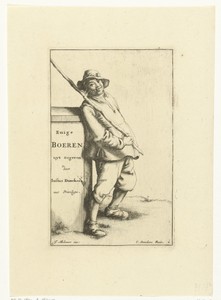 Boer met stok over schouder leunt tegen muurtje met titel