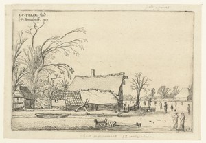 Boerderij bij een bevroren rivier met schaatsers