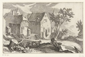 Boerderij en herder met schapen