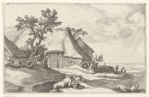 Boerderij en herder met schapen en geit