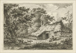 Boerderij met vrouw, kind en hond