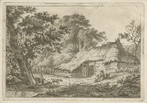 Boerderij met vrouw, kind en hond