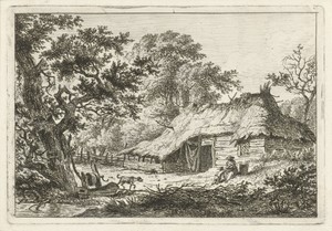 Boerderij met vrouw, kind en hond