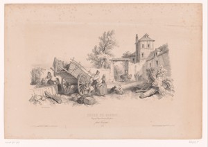 Boerderij met waterput, hooiwagen en diverse figuren