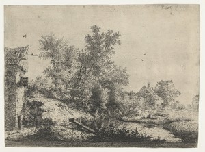 Boerderijen en een boomgroep bij een smalle rivier
