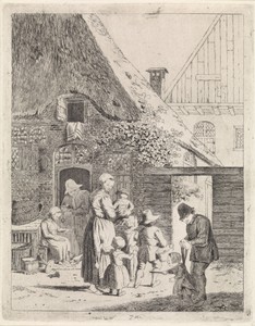 Boeren en kinderen bij boerderij