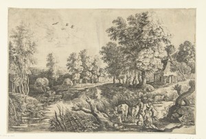 Boeren met vee bij een beek