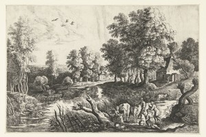 Boeren met vee bij een beek
