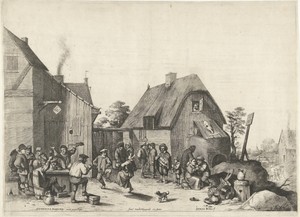 Boerenerf met dansende en drinkende boeren