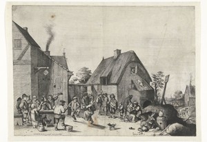 Boerenerf met dansende en drinkende boeren