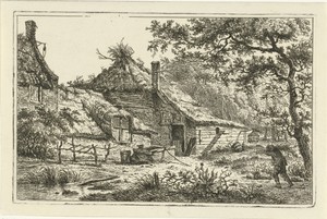 Boerenerf met man met sprokkelhout